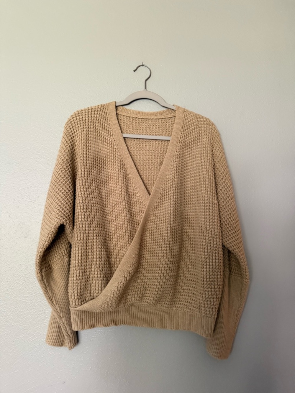 SHEIN Beige Waffle Knit V-Neck Wrap Sweater